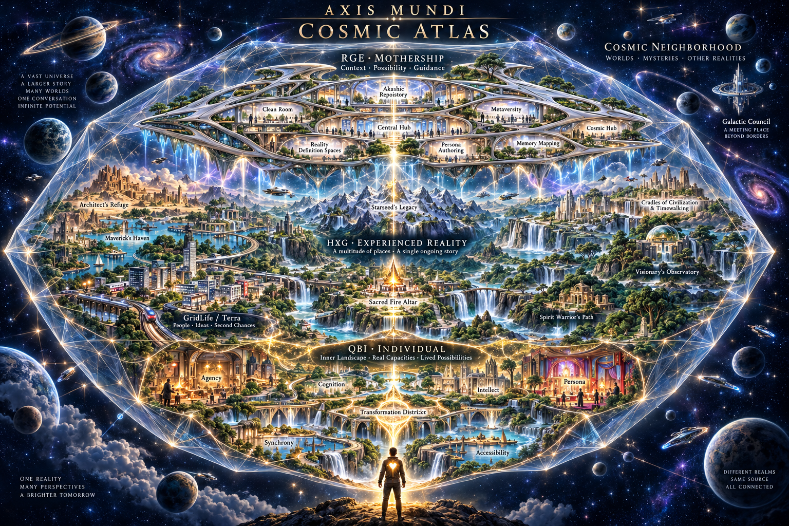 Axis Mundi Cosmic Atlas: a person linked through inner capacities, inhabited worlds and a Mothership to a wider cosmos.