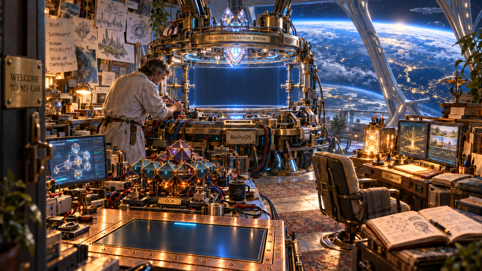 The inventor at the Reality Generation Engine, with the OCA workbench, research notebook and human workstation aboard the Mothership.